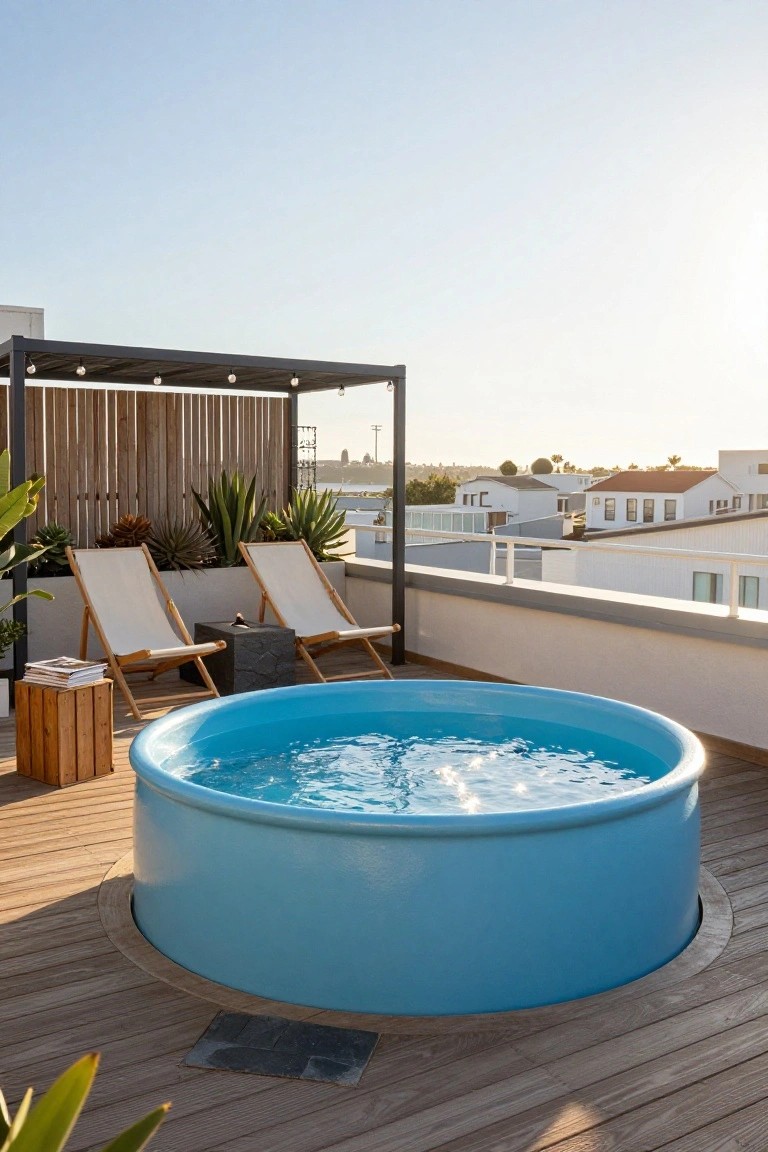 20 Compact Stock Tank Pool Ideas Perfect For Small Spaces A blue round stock tank pool centered on a wooden rooftop deck with two white lounge chairs, potted plants, a wooden side table, and a metal pergola structure overhead, overlooking rooftops at sunset.
