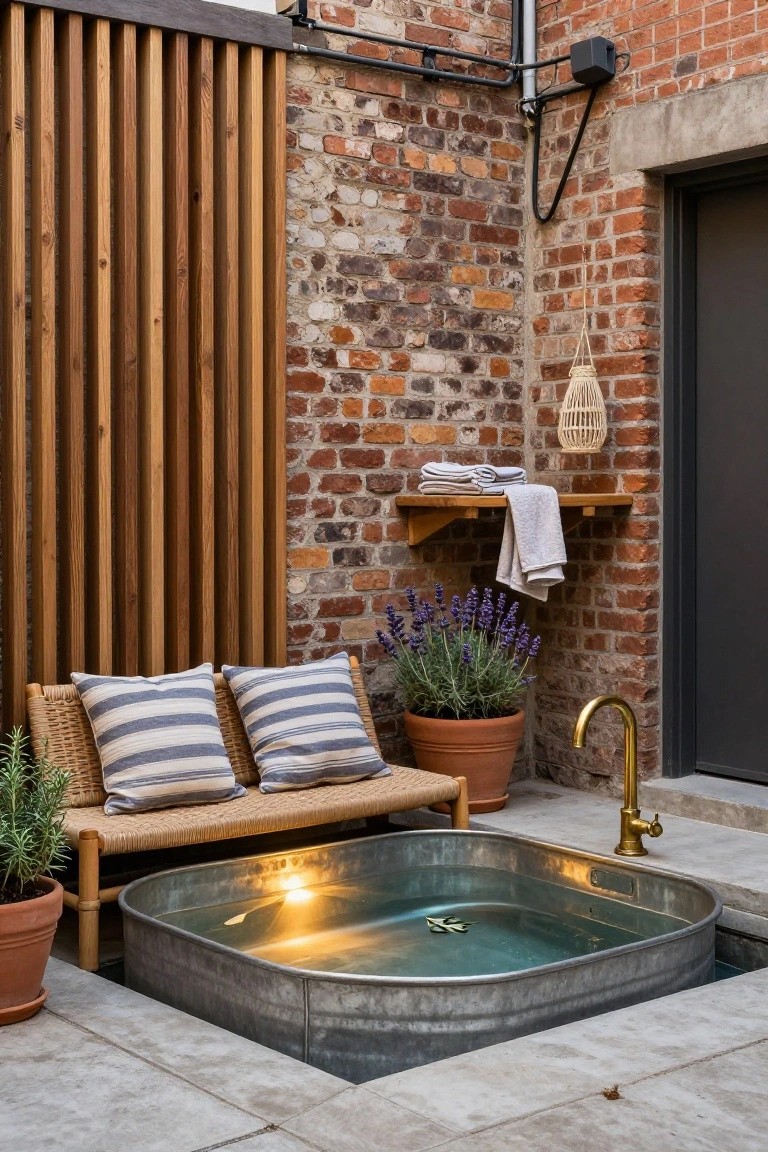 20 Compact Stock Tank Pool Ideas Perfect For Small Spaces Galvanized rectangular stock tank pool sunk into concrete patio in brick-walled courtyard with wooden slat screen, rattan bench with striped cushions, potted plants, shelf with towels, hanging lantern, and brass faucet.