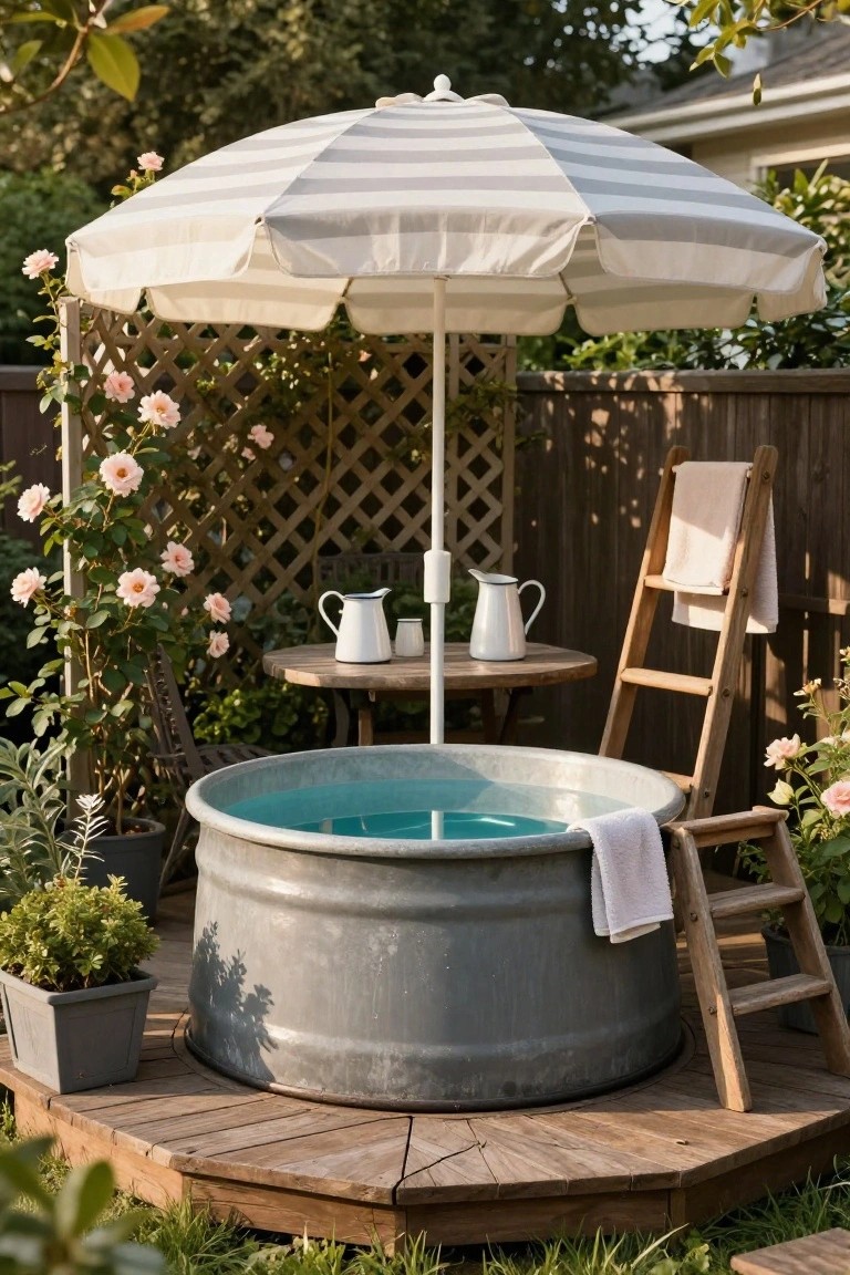 20 Compact Stock Tank Pool Ideas Perfect For Small Spaces Galvanized stock tank pool raised on an octagonal wooden deck platform with wooden ladder access, surrounded by climbing roses on a trellis, potted plants, a striped umbrella, small table with pitchers, and towels.