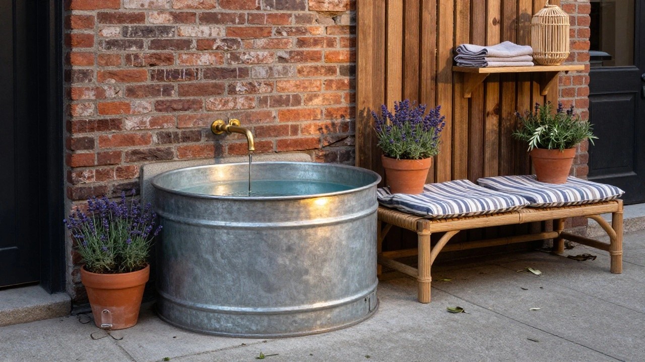 Galvanized rectangular stock tank pool sunk into concrete patio in brick-walled courtyard with wooden slat screen, rattan bench with striped cushions, potted plants, shelf with towels, hanging lantern, and brass faucet.