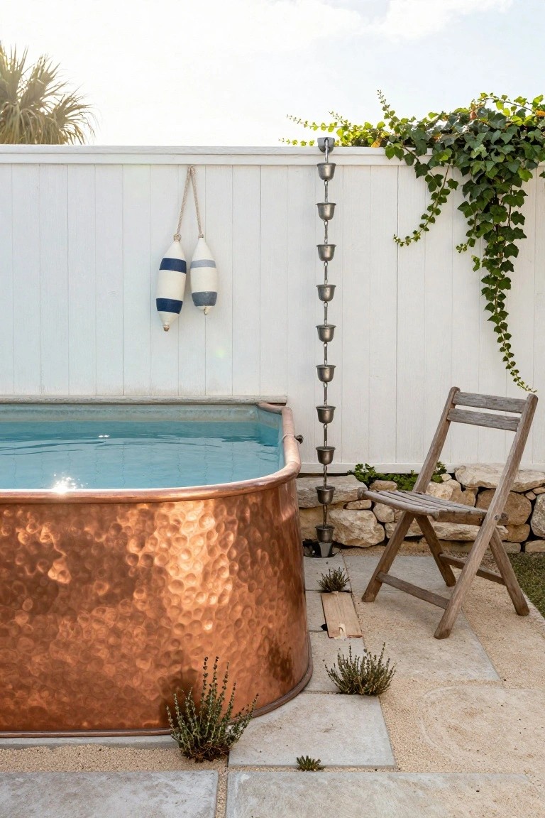 20 Compact Stock Tank Pool Ideas Perfect For Small Spaces Hammered copper stock tank pool filled with turquoise water against a white wooden fence with hanging nautical buoys, ivy vines, a metal bell downspout, wooden folding chair, rocks, and small shrubs on a stone patio.