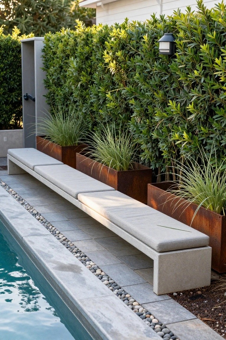 20 Compact Stock Tank Pool Ideas Perfect For Small Spaces Long low concrete bench with light gray cushions positioned along a turquoise pool edge, flanked by tall grasses in square rusted metal planters, pebble border, and green hedge backdrop.