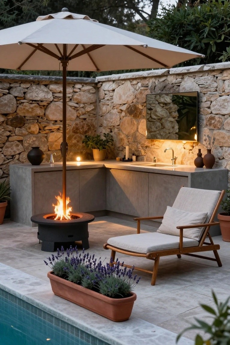 20 Compact Stock Tank Pool Ideas Perfect For Small Spaces Compact outdoor pool area with tiled blue pool, black cylindrical fire pit on concrete deck, wooden lounge chair with cushions, concrete L-shaped kitchen counter with sink against stone wall, potted plants, lavender planter, beige umbrella, and mirror on wall.