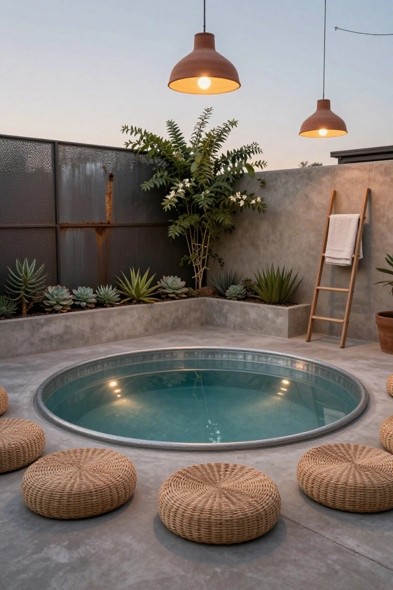 20 Compact Stock Tank Pool Ideas Perfect For Small Spaces Circular metal stock tank pool with turquoise water on a concrete terrace, surrounded by eight woven rattan pouf cushions, potted succulents and palms, wooden ladder with towel, and hanging terracotta pendant lights near a rusted metal fence.