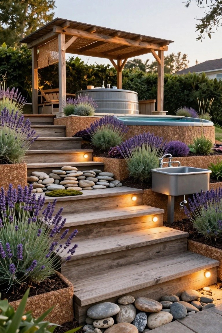 20 Compact Stock Tank Pool Ideas Perfect For Small Spaces Terraced wooden steps leading to a turquoise stock tank pool surrounded by lavender plants in cork-edged beds, with a gray metal hot tub, outdoor sink, and pergola structure nearby.