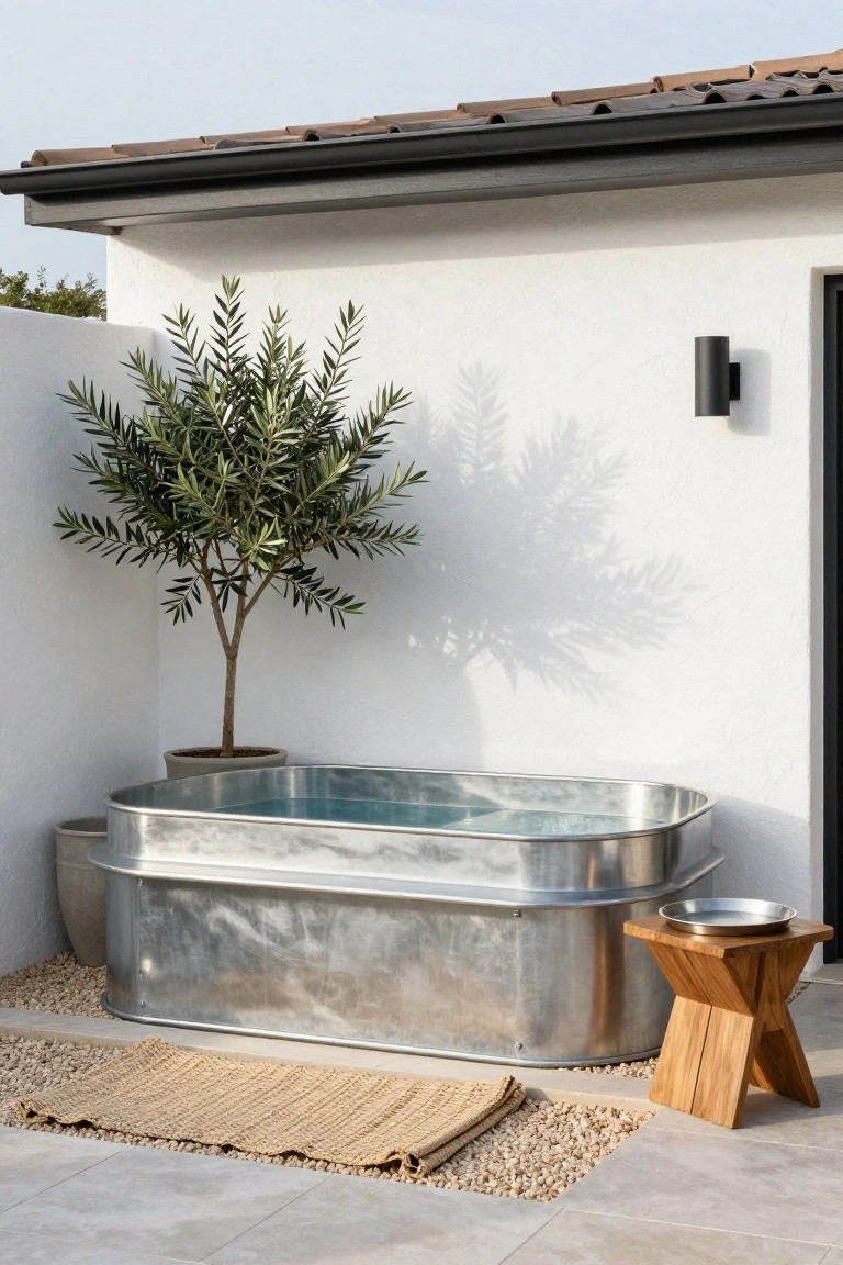 20 Compact Stock Tank Pool Ideas Perfect For Small Spaces Galvanized metal stock tank filled with water on a tiled terrace beside a white stucco wall and black door, with potted olive tree, wooden stool holding metal bowl, seagrass rug, and pebbles.