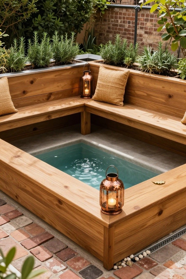20 Compact Stock Tank Pool Ideas Perfect For Small Spaces Small turquoise pool inside a raised wooden frame with L-shaped benches, yellow cushions, copper lanterns, potted rosemary plants along the edge, and brick pavers on the ground in a garden courtyard.