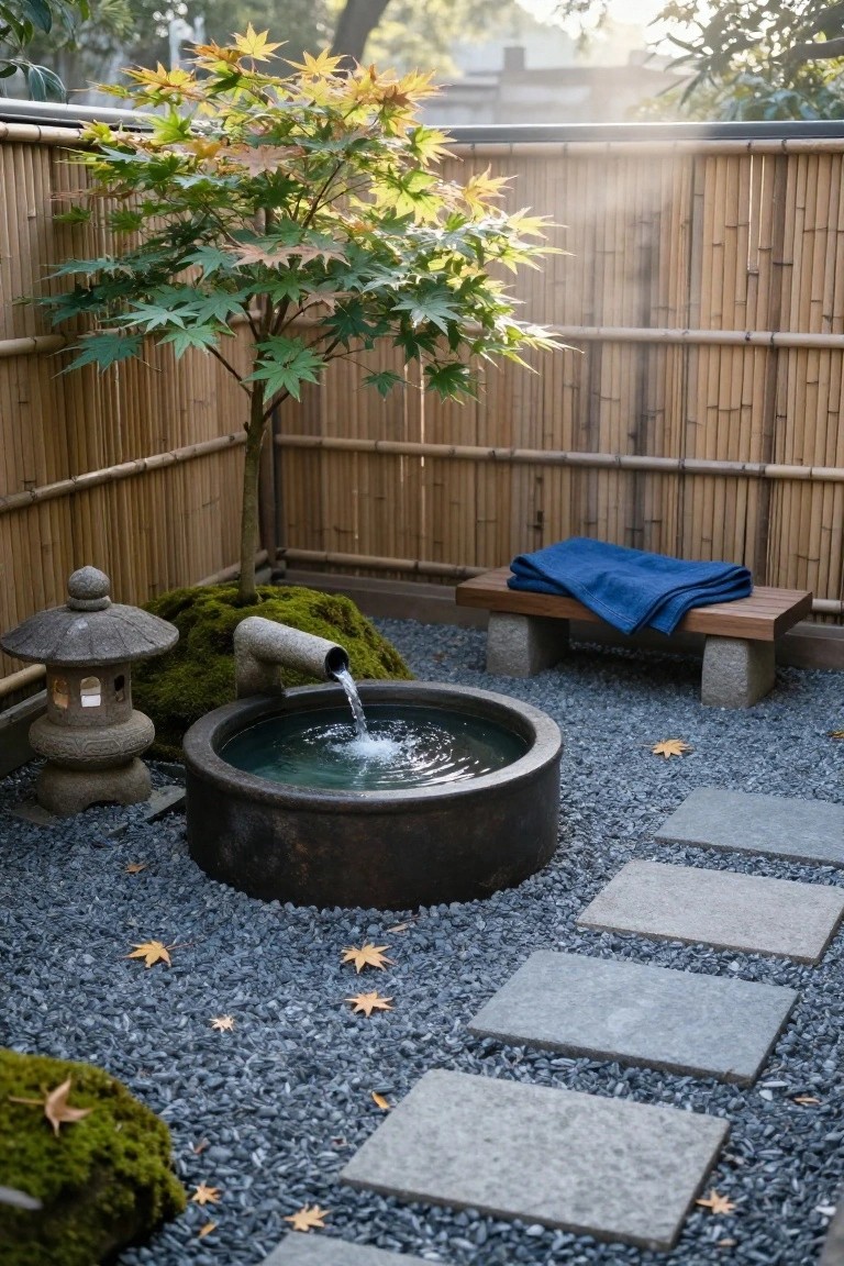 20 Compact Stock Tank Pool Ideas Perfect For Small Spaces A bronze stock tank basin filled with water and fed by a bamboo spout in a gravel garden, next to a stone lantern, moss-covered rocks, a wooden bench with blue blanket, and a small Japanese maple tree against a bamboo fence.