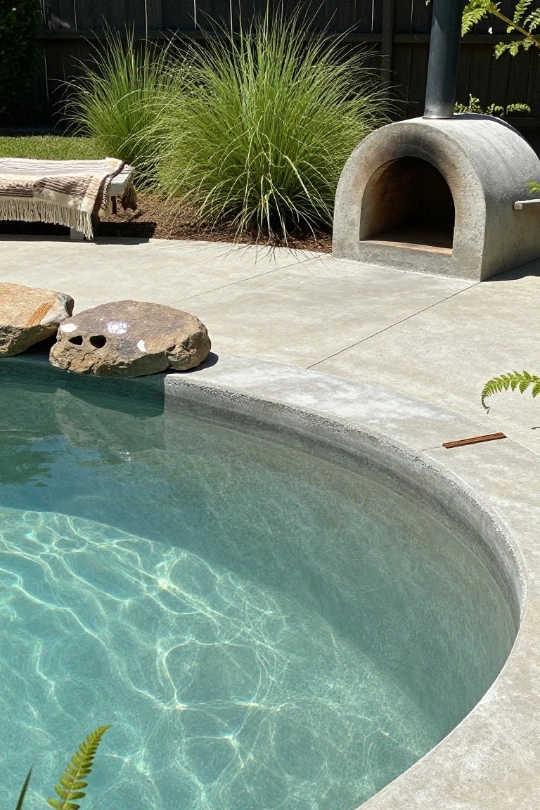 Curved concrete pool with large tan boulders placed directly on the edge, clear rippling blue-green water, nearby concrete wood-fired oven, tall ornamental grasses, ferns, and a daybed lounge.