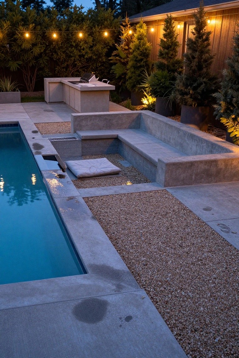 Backyard pool with gray concrete decking and integrated bench seating along one edge, pebble-filled areas, white cushion on bench, nearby outdoor kitchen, plants, trees, and string lights at dusk.