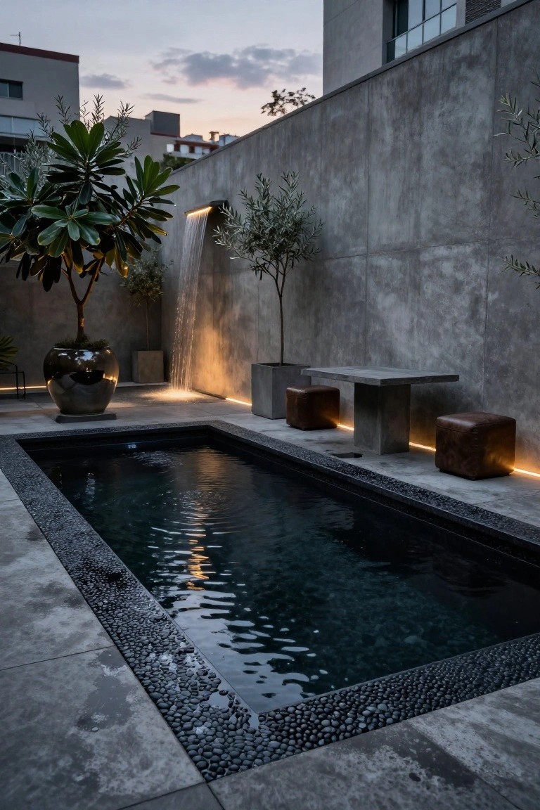Narrow rectangular pool with dark water in a concrete courtyard, edged with black pebbles, next to a wall waterfall, potted plants, olive trees, and low leather stools with a concrete table.