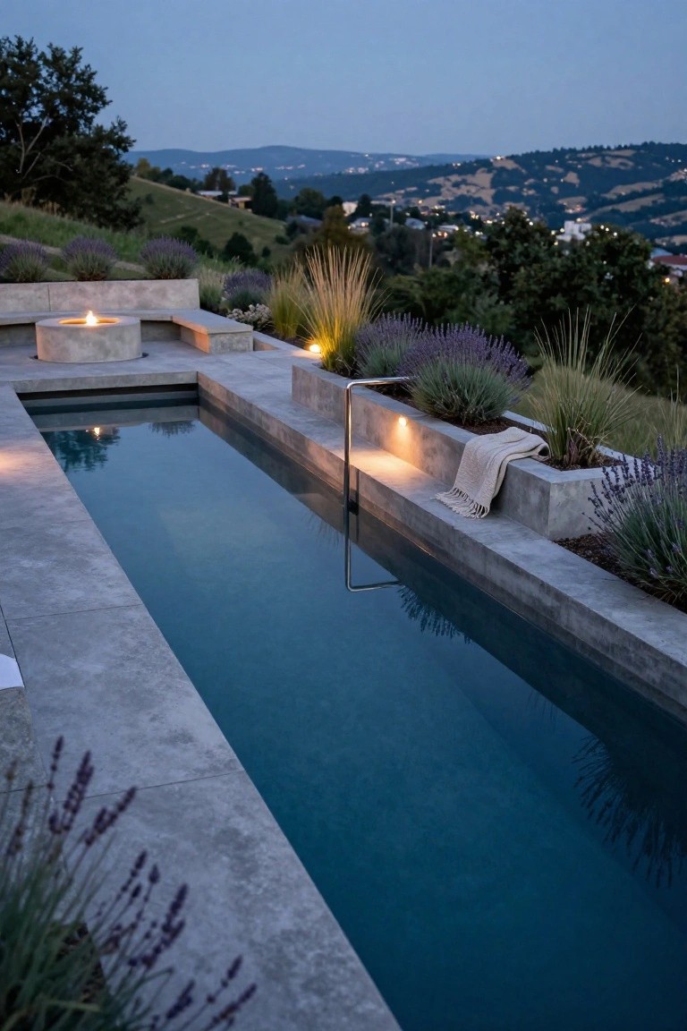Narrow rectangular concrete lap pool with built-in concrete benches and planters containing lavender and grasses, a central cylindrical fire pit, and hillside landscape views at dusk.