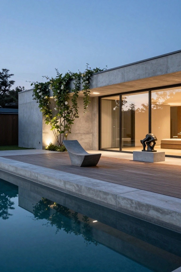 Modern concrete house exterior with climbing vines on the wall, large glass sliding doors, wooden deck adjacent to a rectangular pool with concrete surround, curved concrete lounge chair on the deck, and abstract bronze sculpture on a pedestal near the doors at dusk.