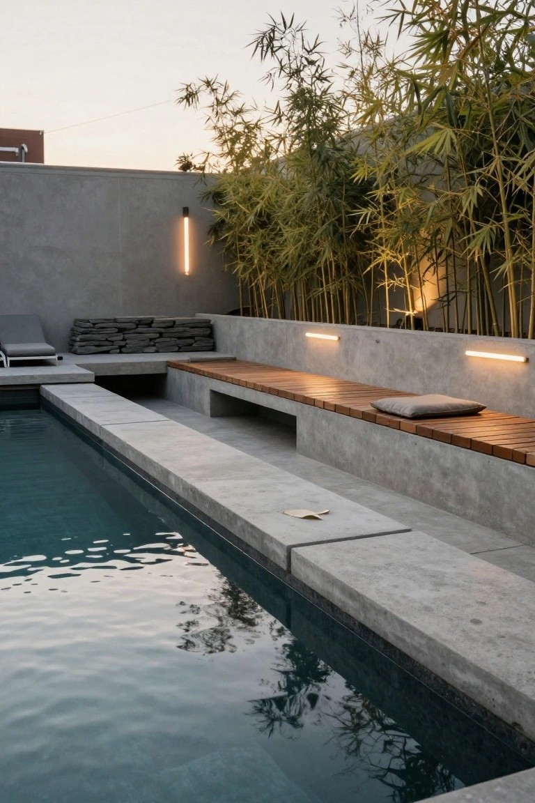 Gray concrete pool deck with recessed wooden bench seating, gray lounge chair, stacked stones, bamboo screening, and linear wall lights beside the water at dusk.