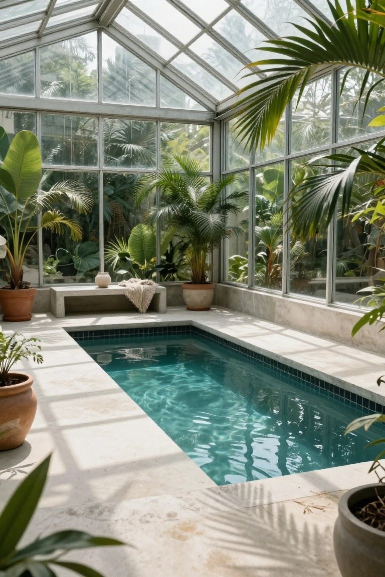 Small rectangular turquoise pool with blue tiles in a glass conservatory surrounded by tropical plants in terracotta pots, concrete decking, and a stone bench with beige throw.