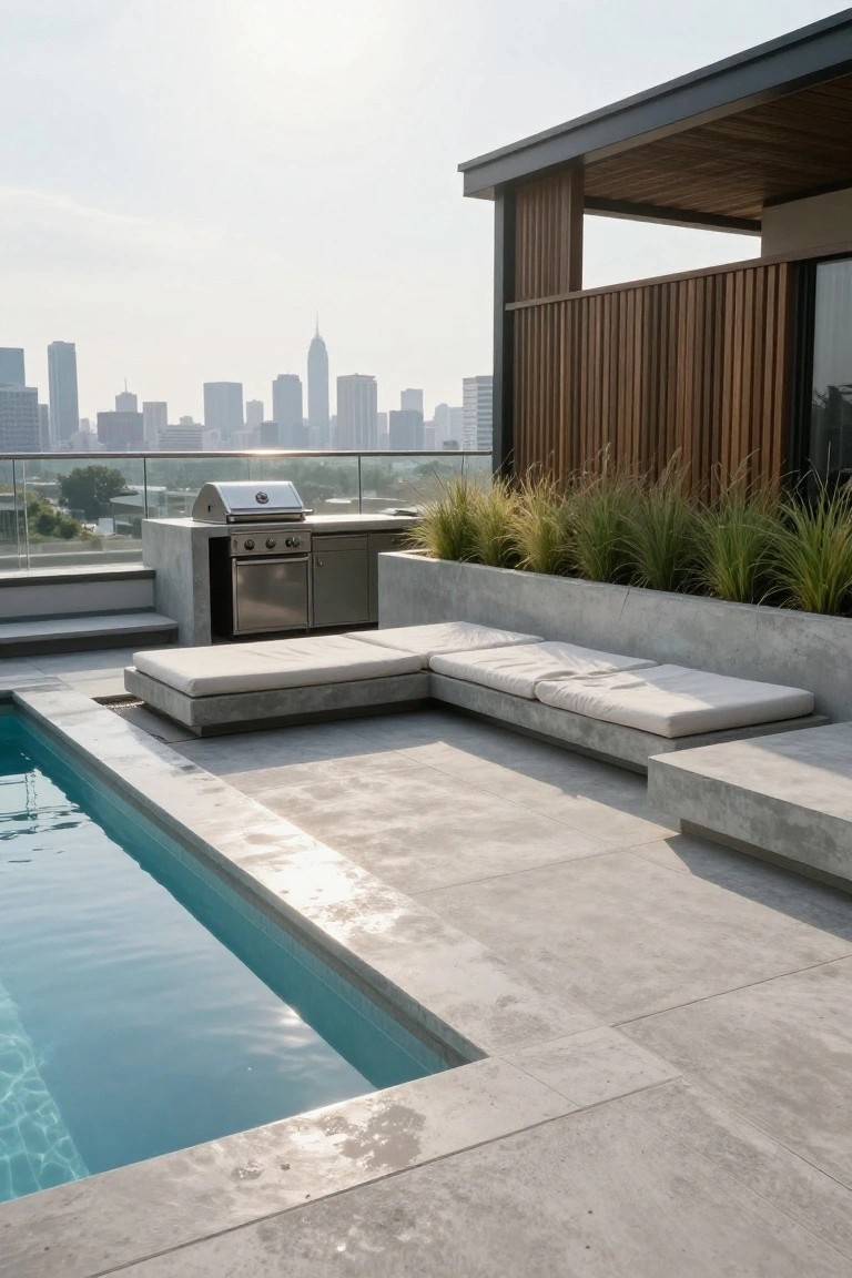 Rooftop terrace with rectangular turquoise pool, adjacent built-in stainless steel BBQ grill on concrete counter, L-shaped concrete seating with white cushions, tall grasses in concrete planters, wooden screen fence, and city skyline in background.