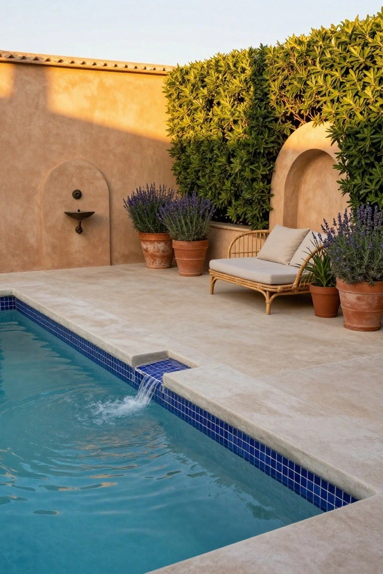 Small rectangular swimming pool with blue mosaic tiled edges and a waterfall spilling from the raised deck edge into turquoise water, next to a beige stone deck, rattan lounge chair with cushions, terracotta pots of lavender and other plants, and a stucco wall with green hedge and wall fountain.