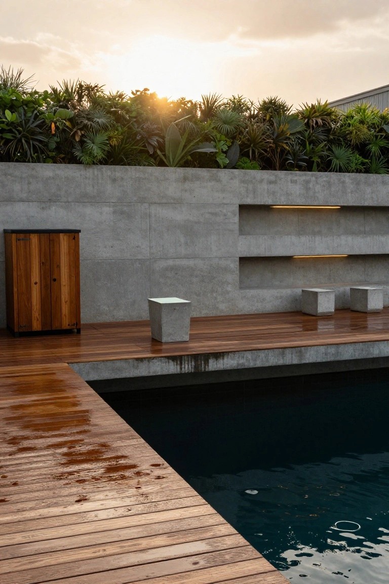Gray concrete retaining wall with recessed yellow lights and niches, topped by lush tropical plants, adjacent wooden deck with wet surface extending to dark pool water, concrete stools and wooden cabinet nearby, sunset sky above.