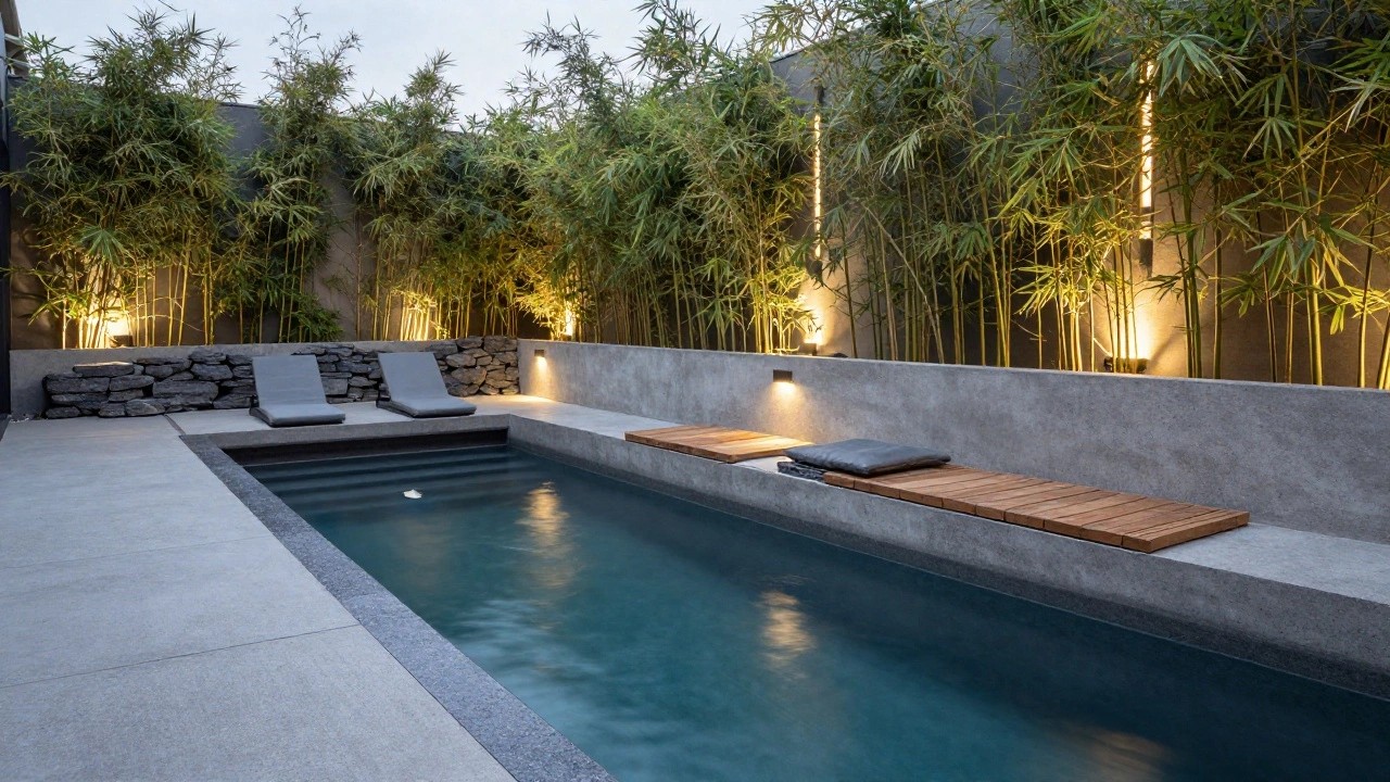 Gray concrete pool deck with recessed wooden bench seating, gray lounge chair, stacked stones, bamboo screening, and linear wall lights beside the water at dusk.