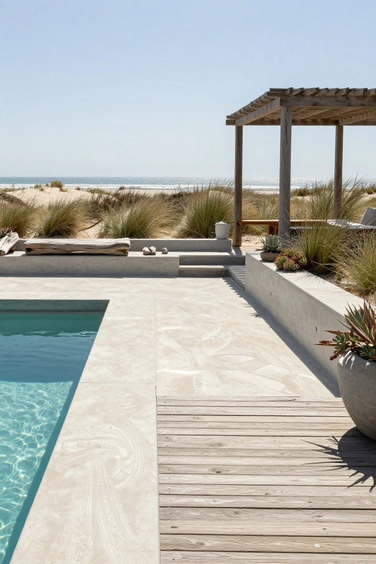 Turquoise concrete pool with light veined stone decking along the edge, raised concrete ledge with potted plants and agaves, adjacent wooden deck, and background of beach dunes and ocean.