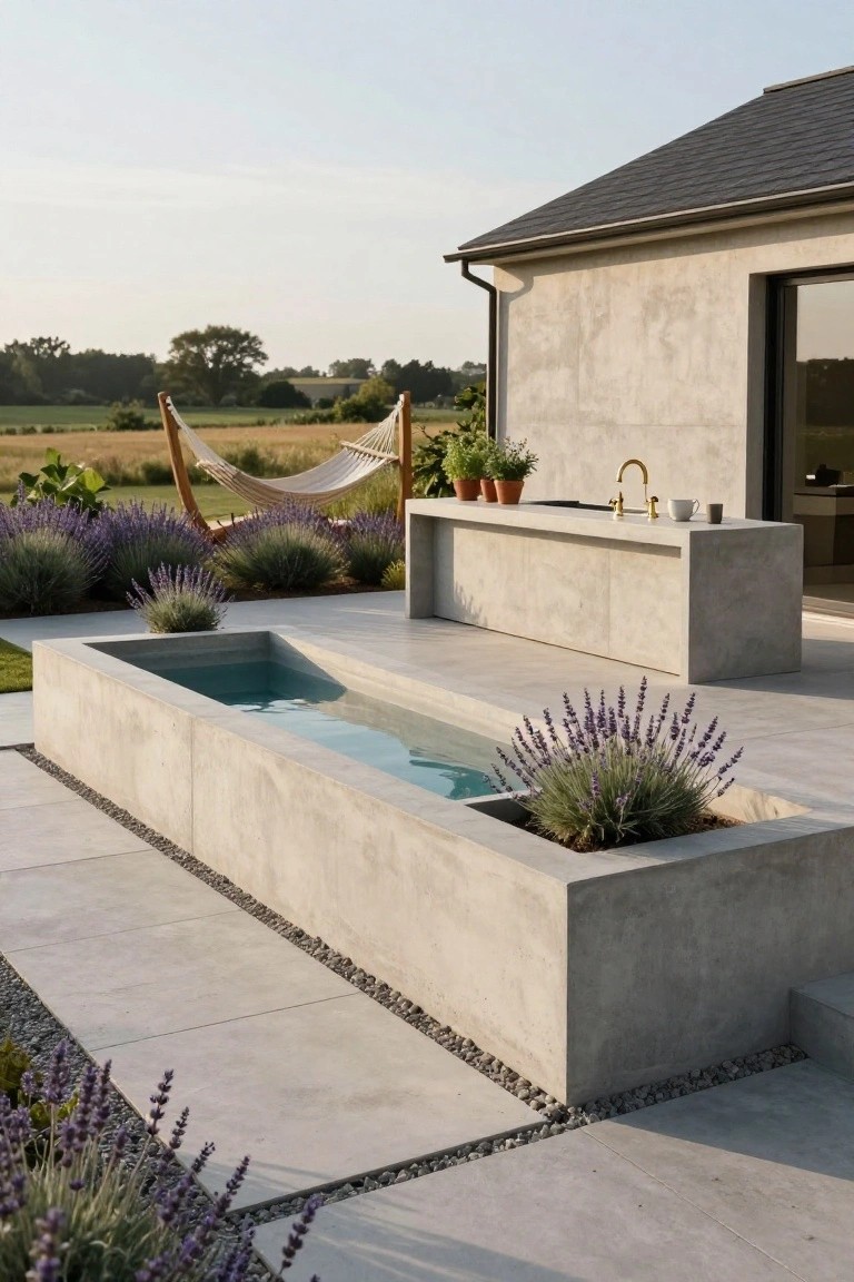 Long narrow rectangular concrete pool integrated into a concrete patio and outdoor kitchen counter with gold faucet, surrounded by lavender plants, hammock, and potted herbs next to a modern house exterior.