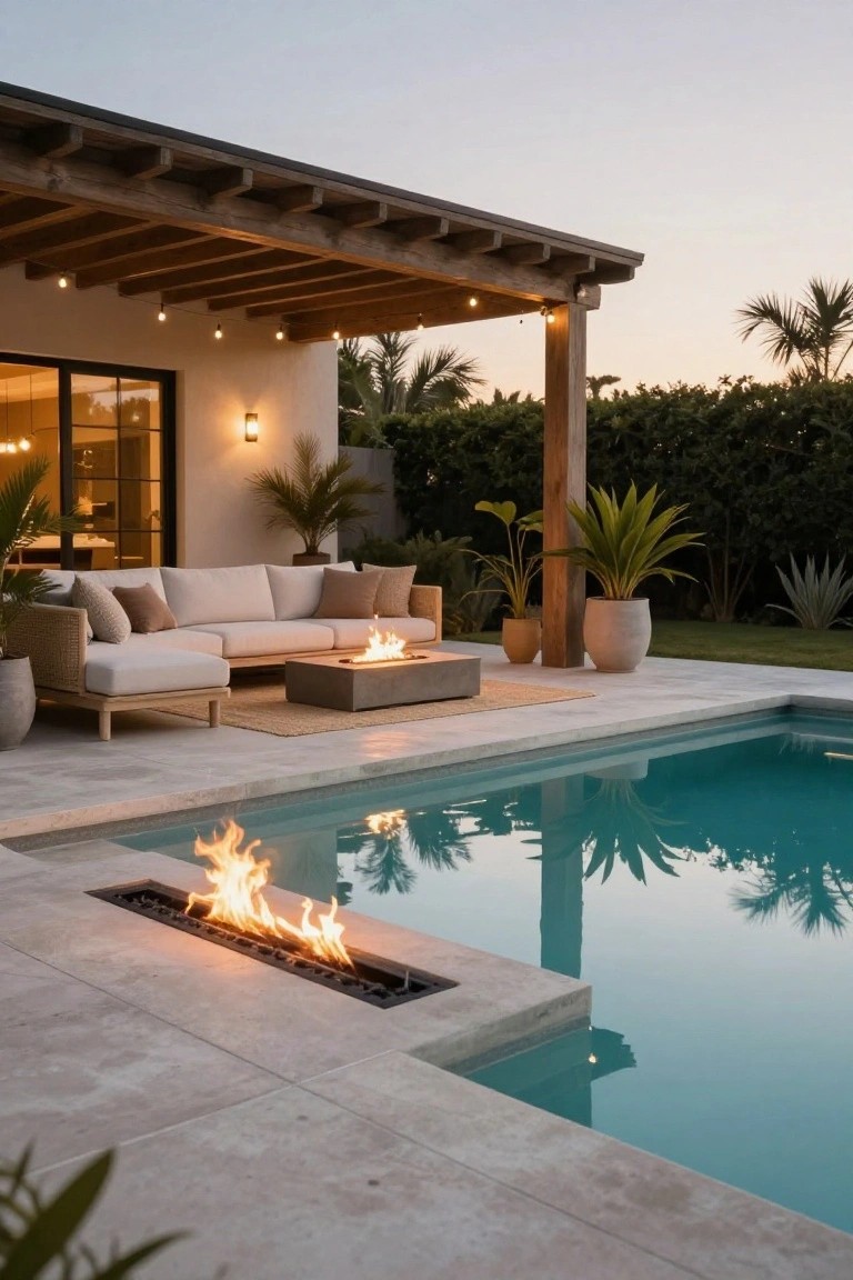 Beige L-shaped outdoor sofa on concrete deck beside a turquoise pool, with a linear gas fire pit built into the deck at the pool edge, wooden pergola overhead with string lights, potted plants, and palm trees in the background at dusk.