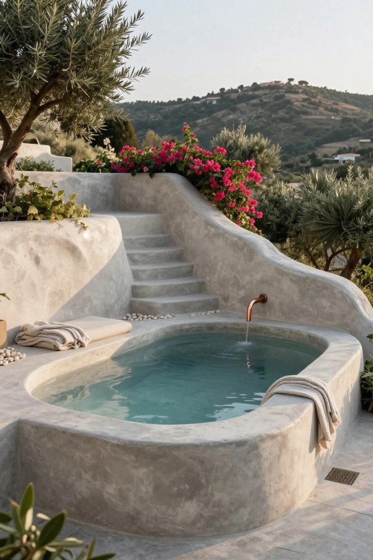 Oval concrete plunge pool with turquoise water and running copper faucet spout, set into curved white plaster walls with stairs, pebbles, folded towels nearby, olive trees, pink bougainvillea, and distant hillside landscape.