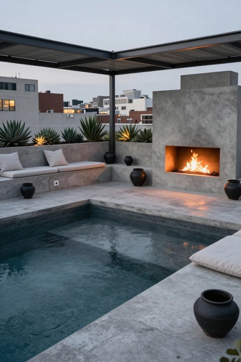 Rooftop terrace with rectangular in-ground pool flush to concrete decking, linear gas fireplace in concrete surround, built-in seating with cushions, potted agave plants, black ceramic pots, and city buildings in background at dusk.