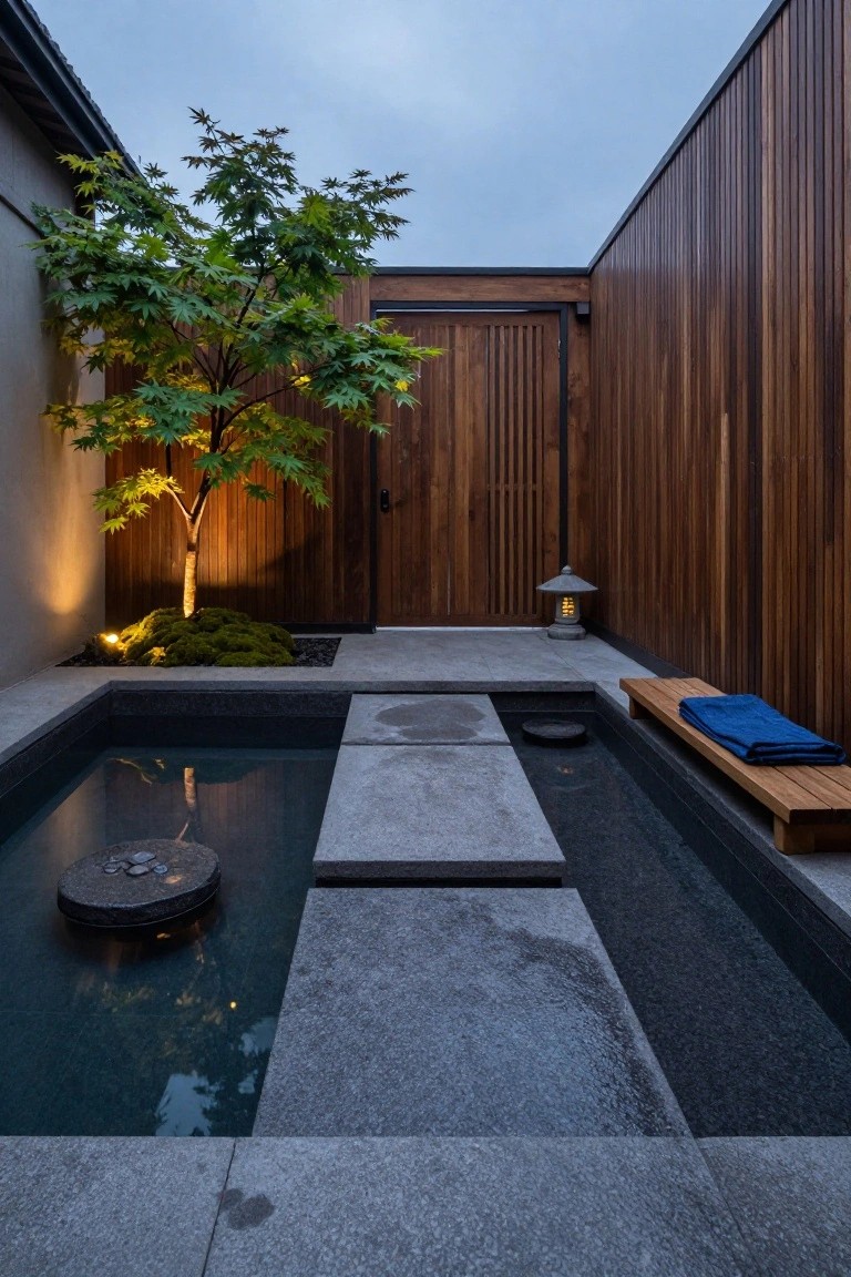 Small rectangular concrete pool with large flat gray stone slabs positioned as stepping stones across its shallow dark water, adjacent moss-covered ground with lit Japanese maple tree, wooden walls and slatted door, stone lantern, and wooden bench with blue cloth.