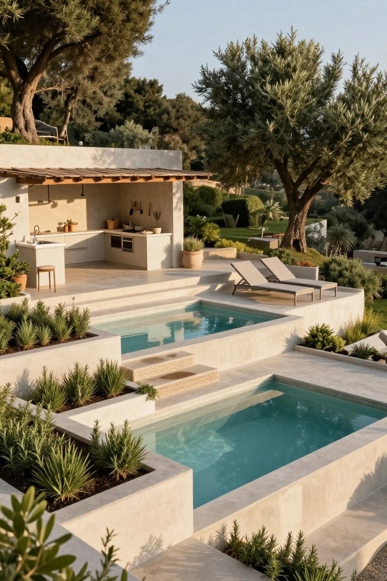 Terraced outdoor space with three rectangular concrete pools at descending levels, an outdoor kitchen, lounge chairs, potted plants, and surrounding landscaping including olive trees and agaves.