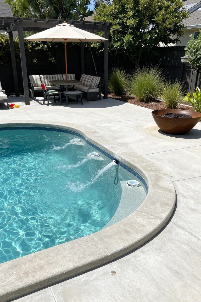 Curved turquoise pool with three bubbling water jets along the inner edge, surrounded by light beige concrete decking, next to a large corten steel fire bowl and potted plants.