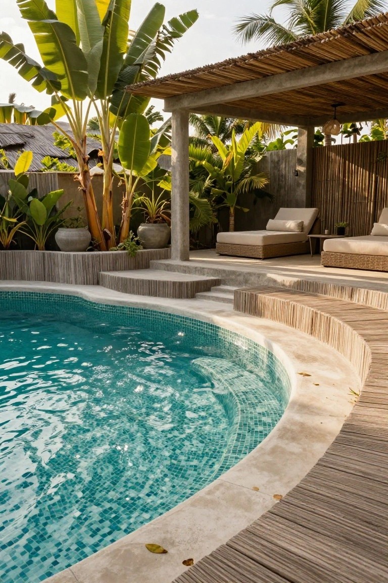 Curved concrete pool with turquoise mosaic tiles edged by light wood decking and steps, adjacent to beige outdoor loungers under a bamboo-roofed pergola surrounded by tropical plants.