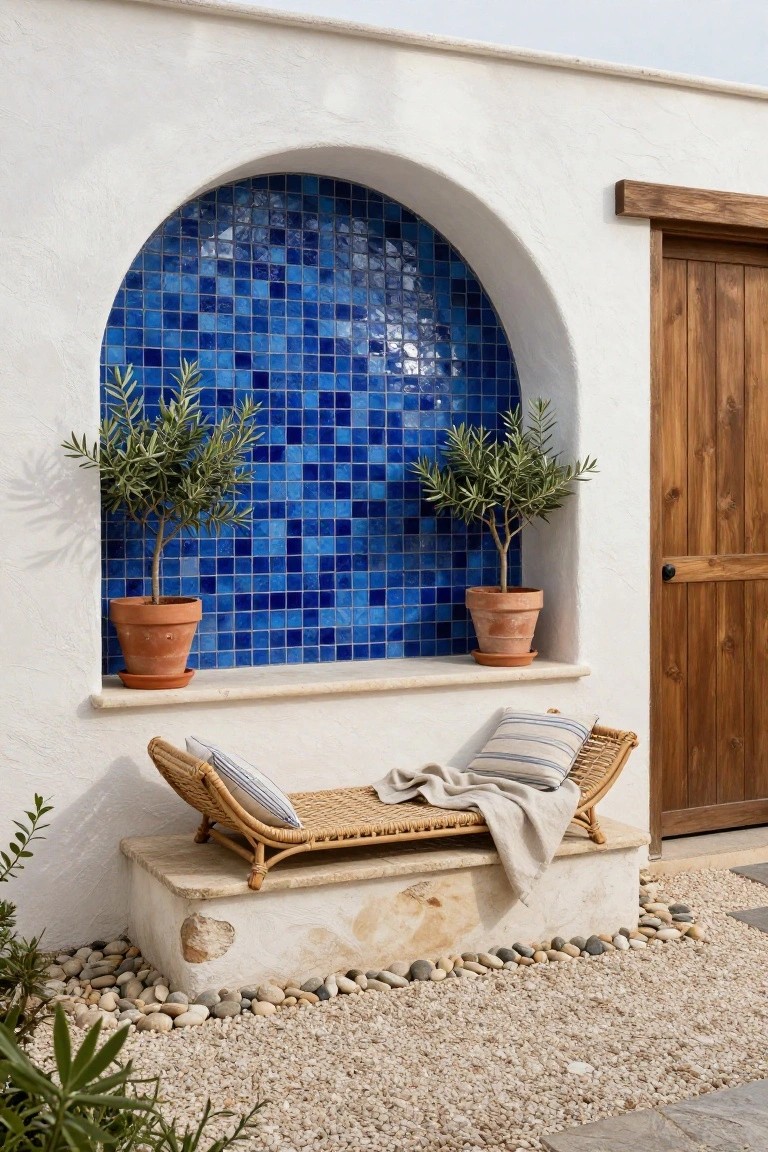 White stucco exterior wall with arched blue mosaic tiled niche containing two potted olive trees flanking a woven chaise lounge with pillows and throw on a stone base, next to wooden door on gravel ground with pebbles.