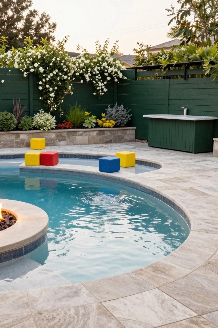Curved turquoise pool with yellow, red, and blue cube seats placed in the shallow water and on the edge, travertine decking, green wooden bar counter, fire pit at the pool edge, surrounding plants, and green fence backdrop.