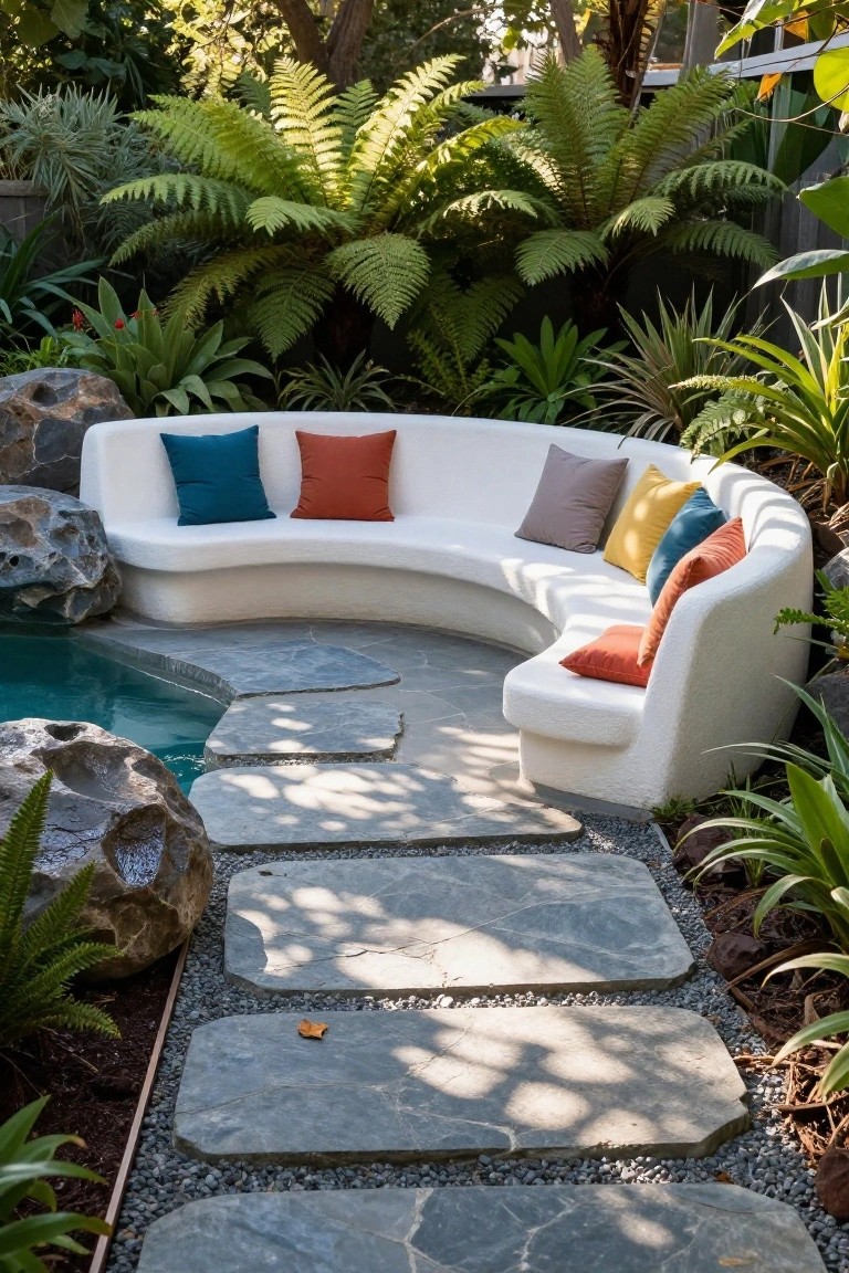 White curved stucco banquette with colorful pillows positioned beside a turquoise pool, flanked by large boulders, slate stepping stones, tropical ferns, and other plants.