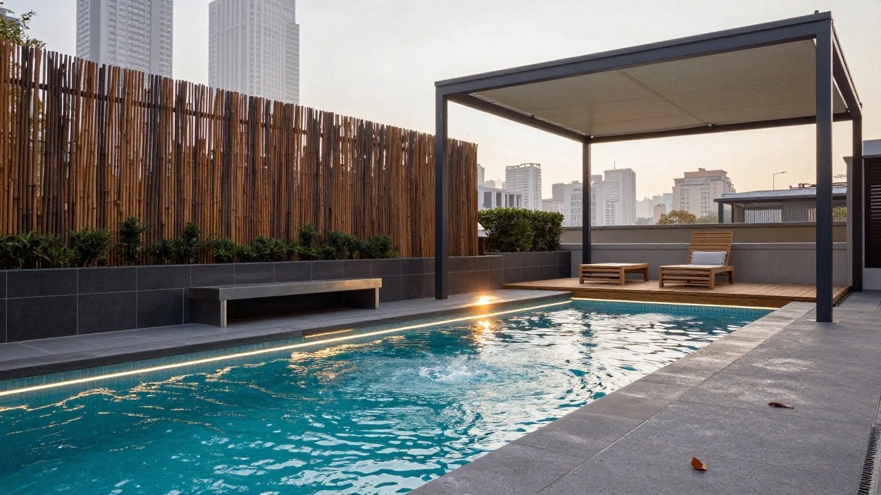 Rooftop pool area with rectangular turquoise pool, wooden entry steps, stainless steel bench along the edge, wooden-clad walls, potted plants, lounge chair, and city buildings in the background at sunset.