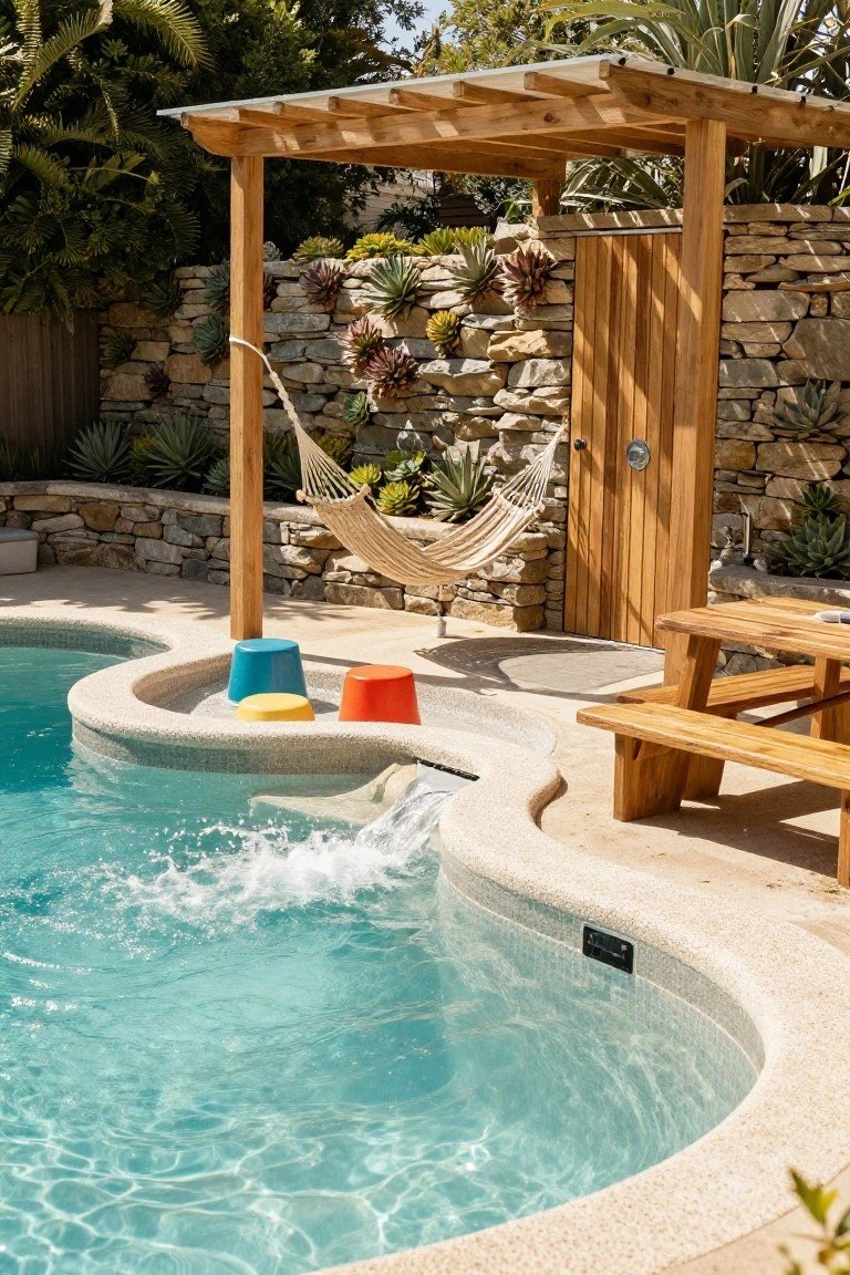 Curved outdoor swimming pool with three colorful stools positioned on the edge partially in the water, a hammock hanging from wooden pergola posts, picnic table nearby, and stone walls with succulents.