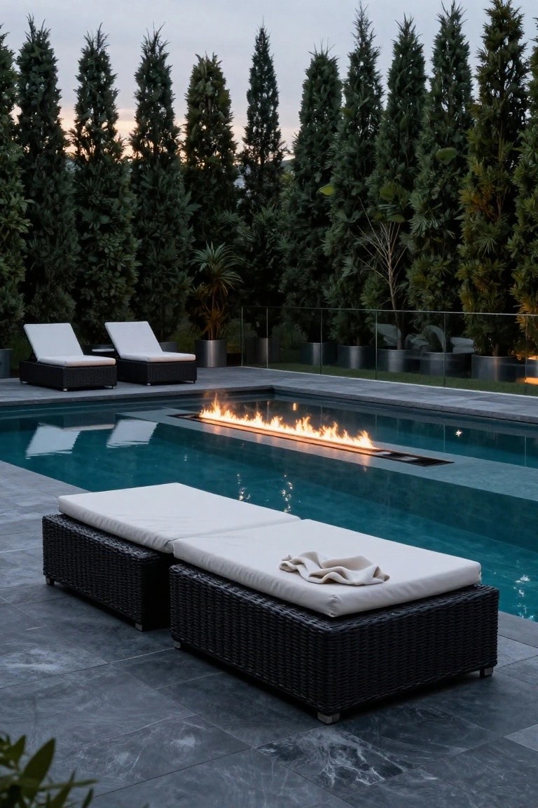 Outdoor infinity pool at dusk with linear gas fire feature embedded along one edge, flames reflecting in turquoise water, two black wicker loungers with white cushions on gray stone deck, glass railing, potted plants, and tall evergreen hedges in background.