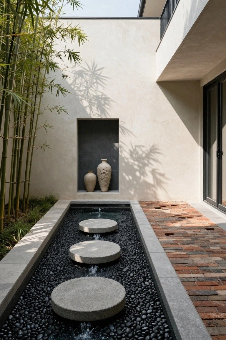 Narrow rectangular pool in an outdoor courtyard filled with black pebbles and featuring four circular gray stone stepping pads across it, surrounded by bamboo plants, a textured beige wall with ceramic vases in a niche, and brick paving on one side.