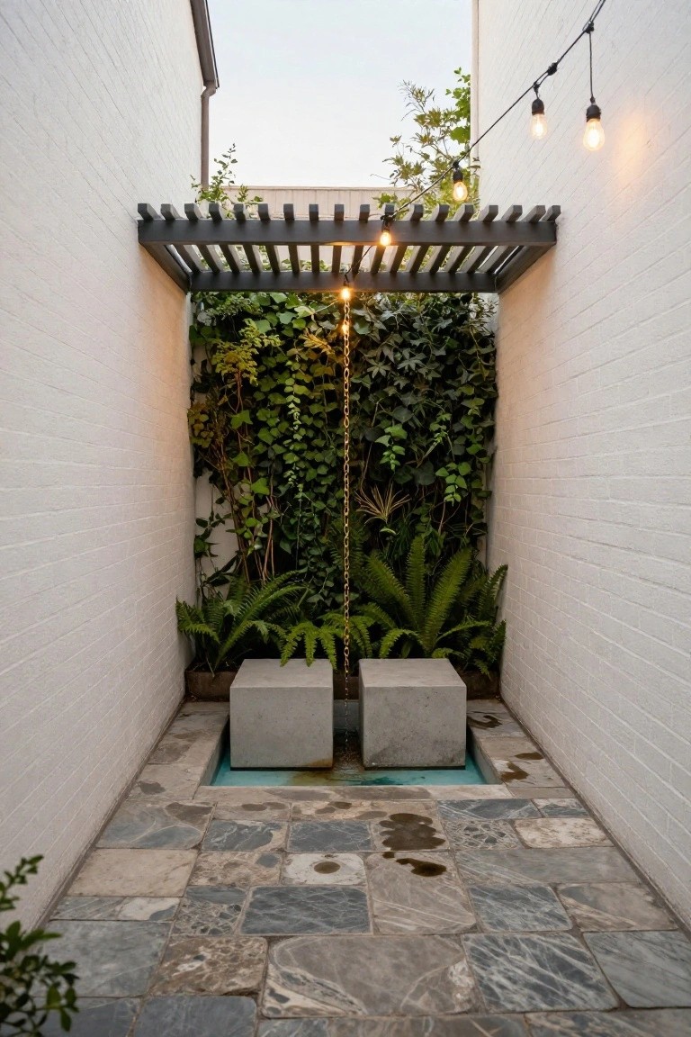 Narrow outdoor courtyard between white brick walls with a central shallow rectangular pool, two concrete cube seats, ivy and ferns climbing one wall, wooden pergola with string lights overhead, and irregular stone tile flooring.