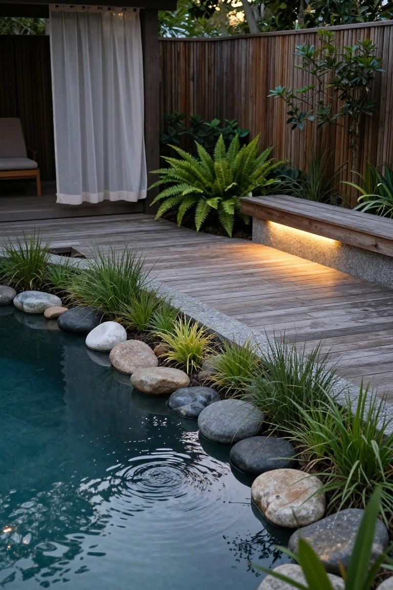 Turquoise pool edged with smooth gray and white boulders and green grasses, adjacent to a wooden deck with a lit bench, tropical plants, and sheer curtains on a wooden fence.