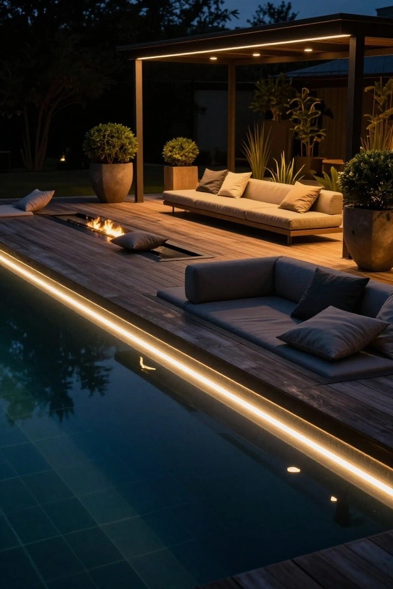 A wooden deck beside a rectangular pool at dusk features a recessed linear fire pit with flames, lounge seating under a pergola, potted plants, and LED lights along the pool edge.