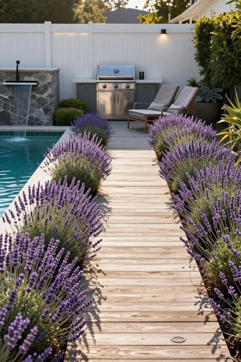Wooden boardwalk path lined with blooming lavender bushes on both sides runs alongside a turquoise pool, passing a stainless steel barbecue and lounge chairs.