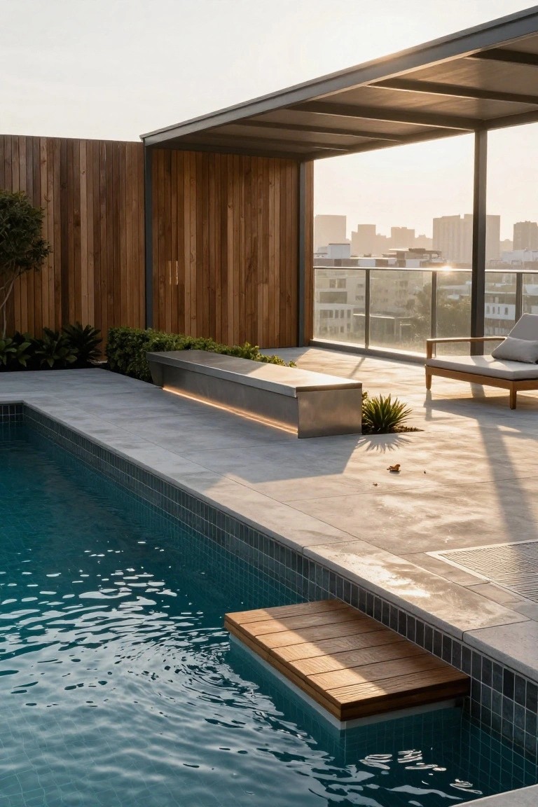 Rooftop pool area with rectangular turquoise pool, wooden entry steps, stainless steel bench along the edge, wooden-clad walls, potted plants, lounge chair, and city buildings in the background at sunset.
