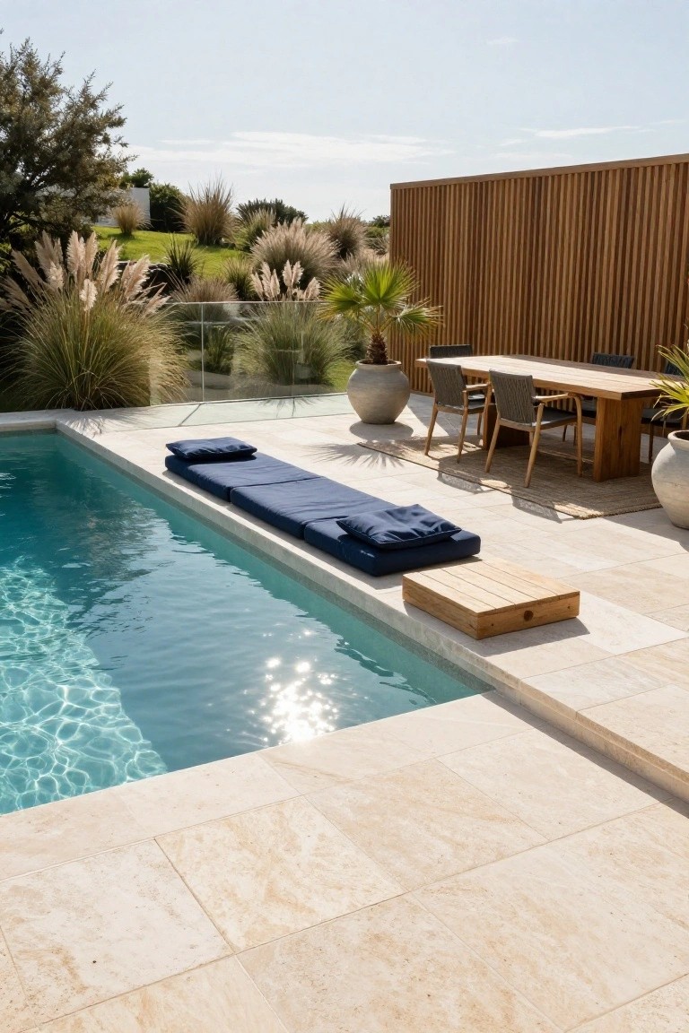 A rectangular swimming pool with a low wooden daybed positioned along the edge, featuring navy cushions, next to a wooden dining table and four chairs on beige tiled patio, surrounded by potted plants, grasses, palms, and a wooden slat fence.