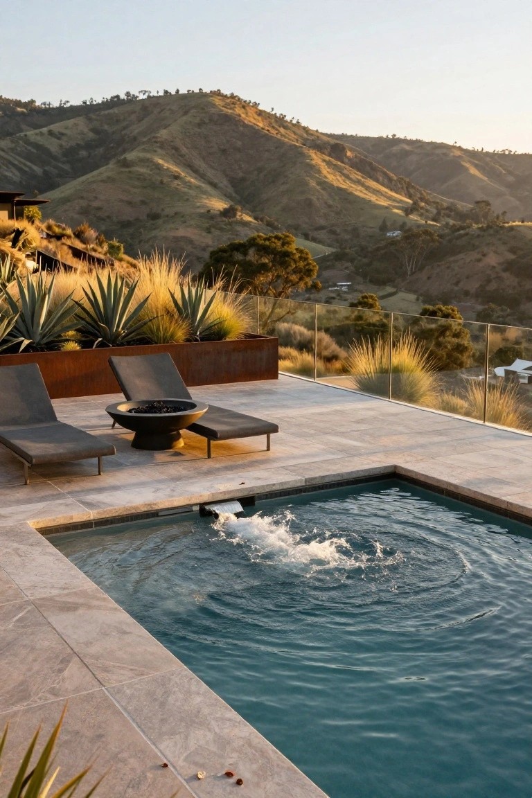Pool deck with two gray loungers flanking a black fire pit bowl next to a turquoise infinity-edge pool featuring a bubbling water jet, surrounded by agave plants and overlooking golden hills at dusk.