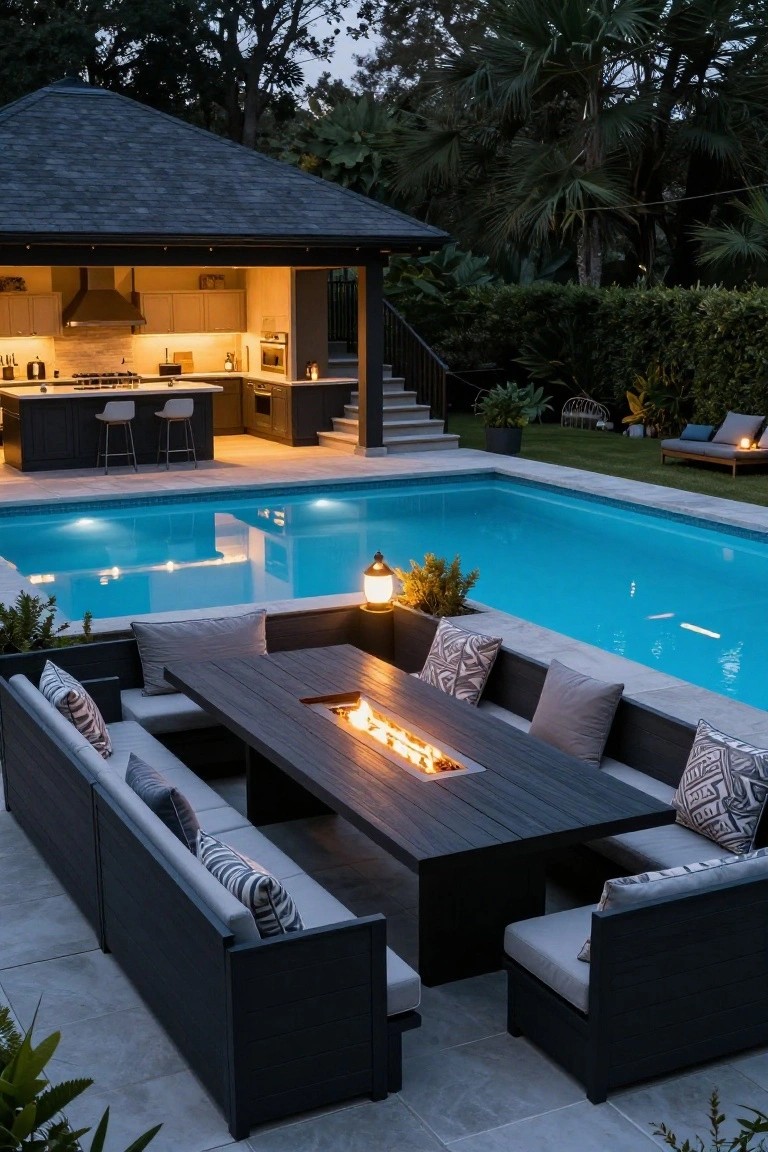 A twilight view of a rectangular lit blue pool next to L-shaped black outdoor sofas around a rectangular fire table with gas flames, an adjacent dark wood outdoor kitchen pavilion, potted plants, and tropical landscaping.