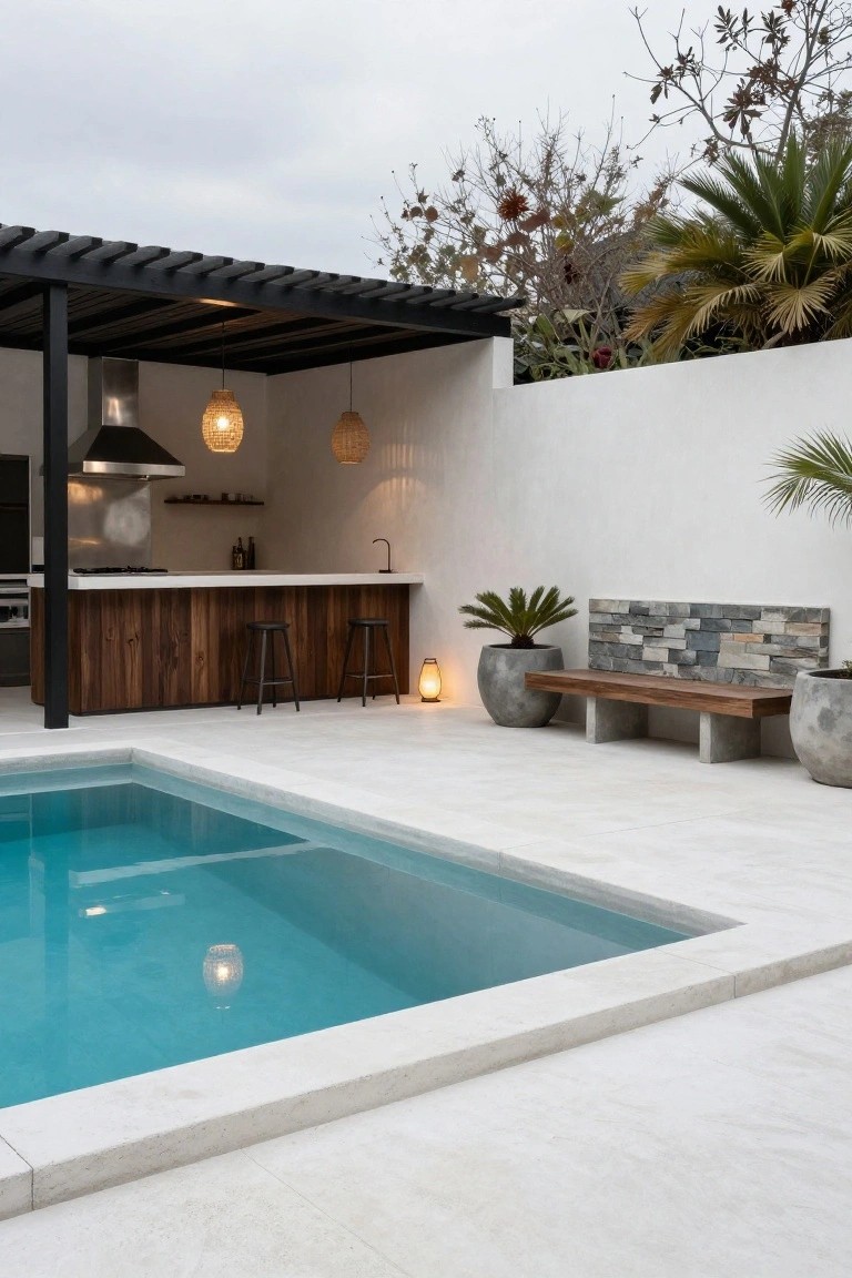 Outdoor kitchen with black metal pergola, stainless steel hood, wooden bar cabinets and stools, next to a rectangular turquoise pool on white tiled patio surrounded by potted plants and a wooden bench against a stone wall.