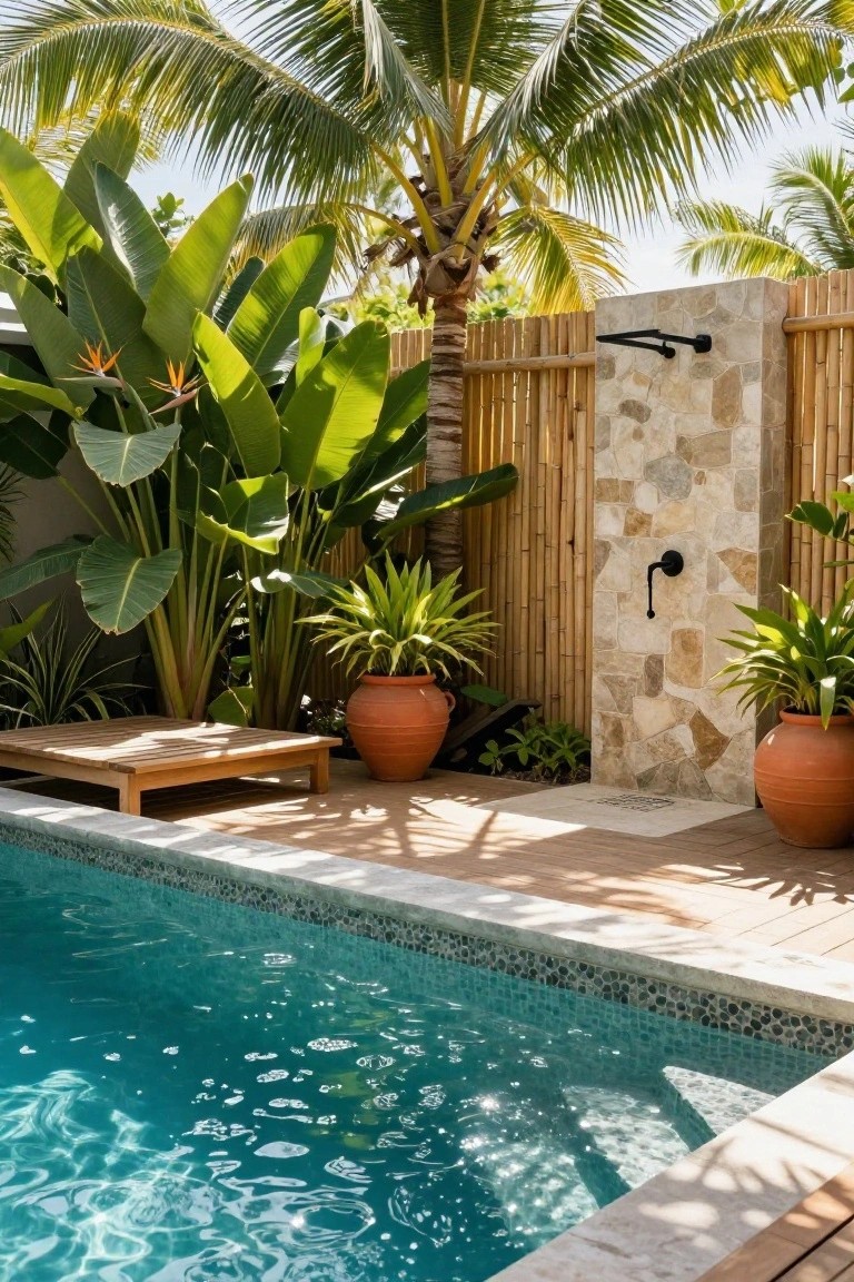Outdoor pool with turquoise water and pebble mosaic edge next to a stone wall shower screened by bamboo fencing, surrounded by large tropical plants, bird of paradise flowers, terracotta pots, and a wooden bench.