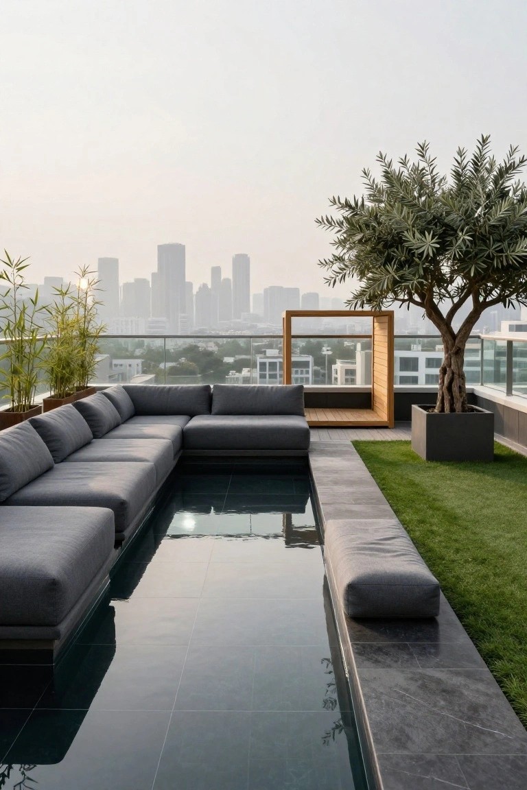 Rooftop terrace with narrow dark-tiled pool adjacent to L-shaped gray outdoor sofa, potted bamboo and olive tree, wooden screen structure, grass strip, and city skyline view.